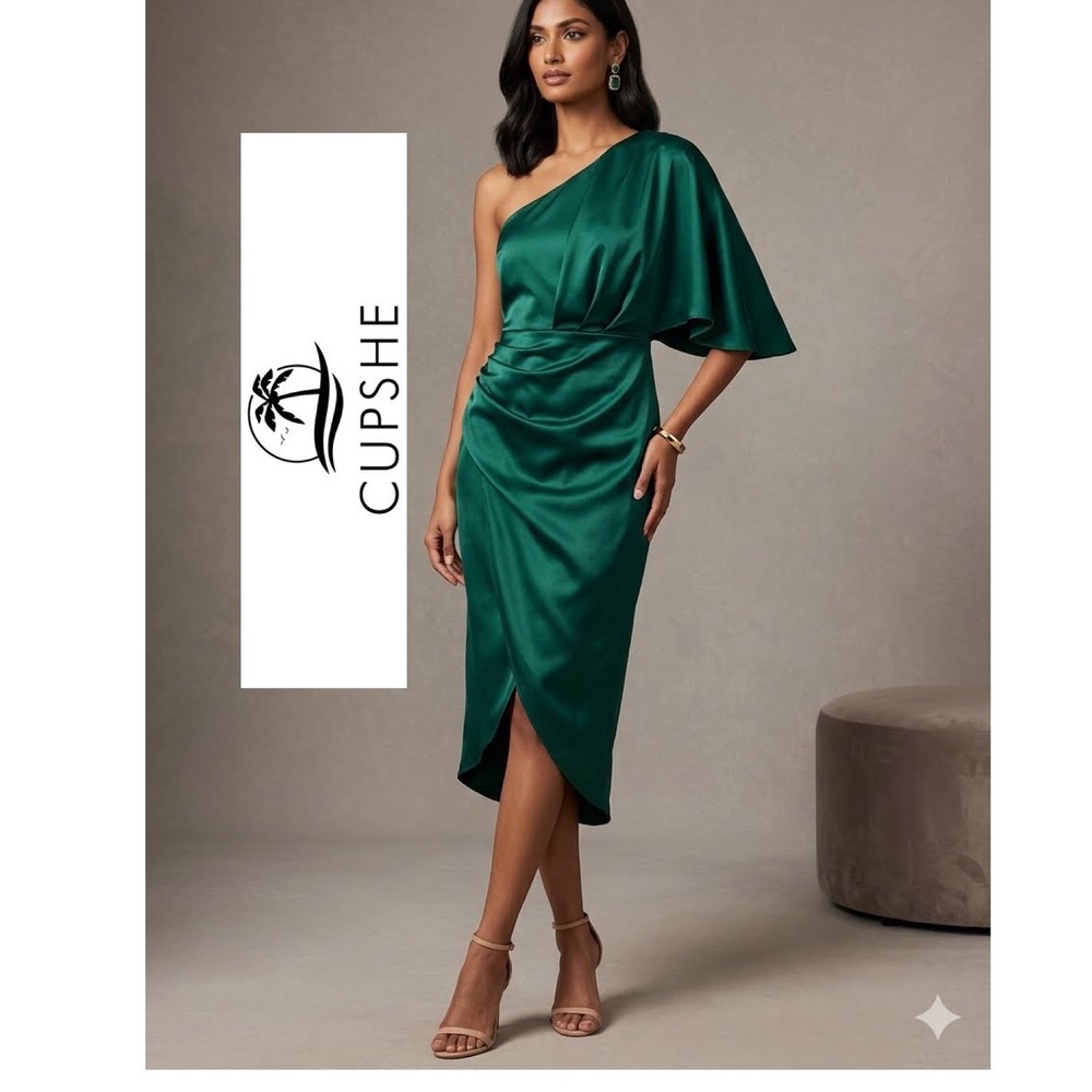 CUPSHE Emerald Green One Shoulder Satin Ruched Midi Cocktail‎ Dress NWT Size S